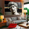 Quadro Decorativo - Escultura Clássica | quadros decorativos para sala | Busto clássico em branco com linhas coloridas digitais rasgando a composição, efeito glitch em fundo preto. | Porao dos Quadros