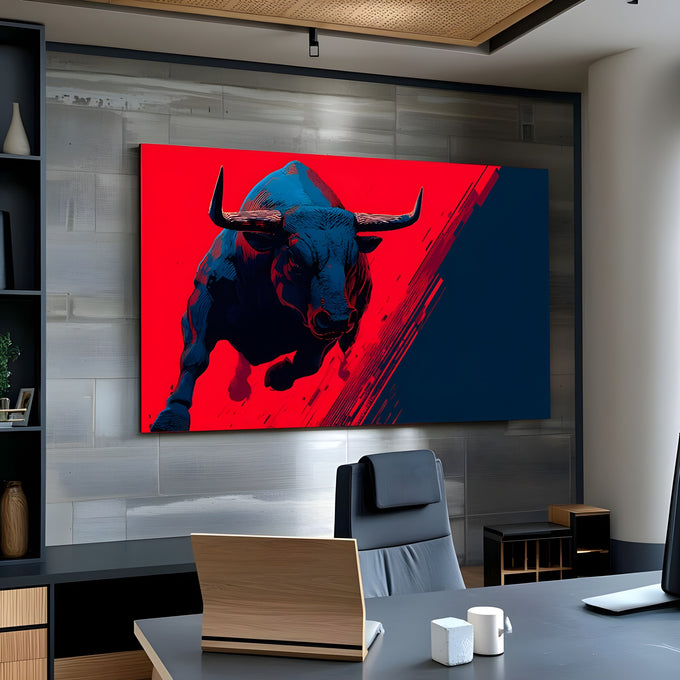 Touro azul em investida sobre fundo vermelho e azul-marinho em estilo pop art, quadro decorativo