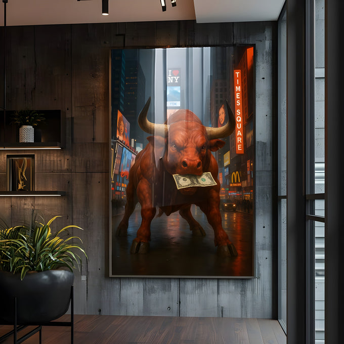 Touro vermelho com nota de dólar na boca em Times Square à noite, quadro decorativo