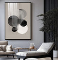 Quadro Decorativo Moderno Geométrico | quadros decorativos para sala | Composição abstrata com linhas circulares concêntricas em preto, branco e bege em movimento vertical. | Porao dos Quadros