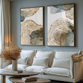 Quadro Decorativo: Abstração Azul Dourado - Único e Sofisticado | quadros decorativos para sala | Dois quadros com anéis abstratos concêntricos em dourado, bege e azul com linhas delicadas. | Porao dos Quadros