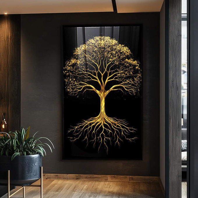 Quadro Decorativo Árvore Dourada | quadros decorativos para sala | Árvore dourada radiante com raízes profundas em fundo preto absoluto. | Porao dos Quadros