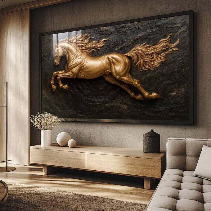 Quadro Decorativo Cavalo Dourado em Movimento | quadros decorativos para sala | Cavalo em ouro modelado em relevo contra fundo preto texturizado, com juba e cauda volumosas. | Porao dos Quadros
