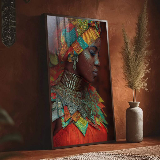 Quadro Decorativo Retrato Feminino Vibrante | quadros decorativos para sala | Mulher africana em perfil com adornos coloridos, padrões geométricos e detalhes em dourado | Porao dos Quadros
