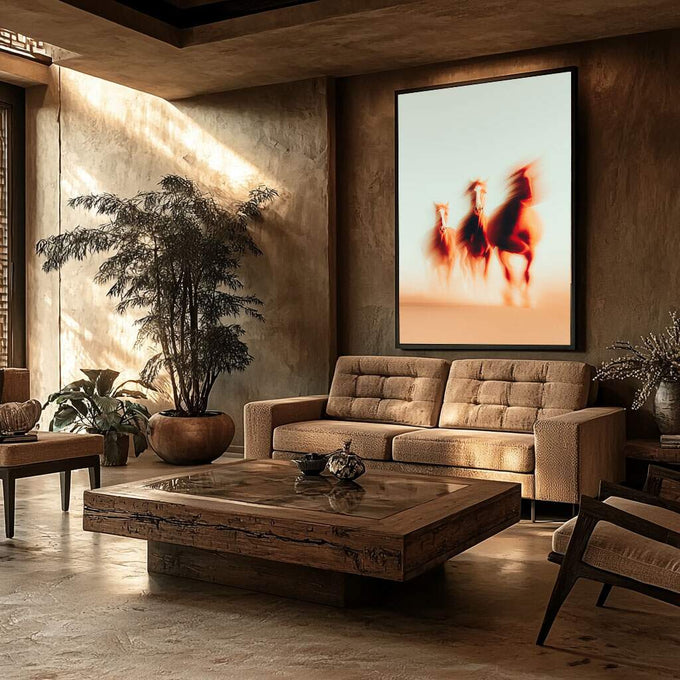 Quadro Decorativo Cavalo em Movimento | quadros decorativos para sala | Três cavalos galopando no deserto com borrão de movimento em tons laranja e dourado ao pôr do sol. | Porao dos Quadros