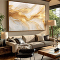 Quadro Decorativo Elegância Serene | quadros decorativos para sala | Abstração em dourado e branco com fluxos líquidos e translúcidos em composição elegante | Porao dos Quadros