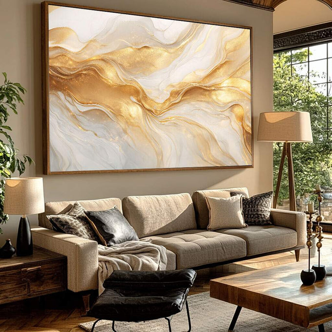 Quadro Decorativo Elegância Serene | quadros decorativos para sala | Abstração em dourado e branco com fluxos líquidos e translúcidos em composição elegante | Porao dos Quadros