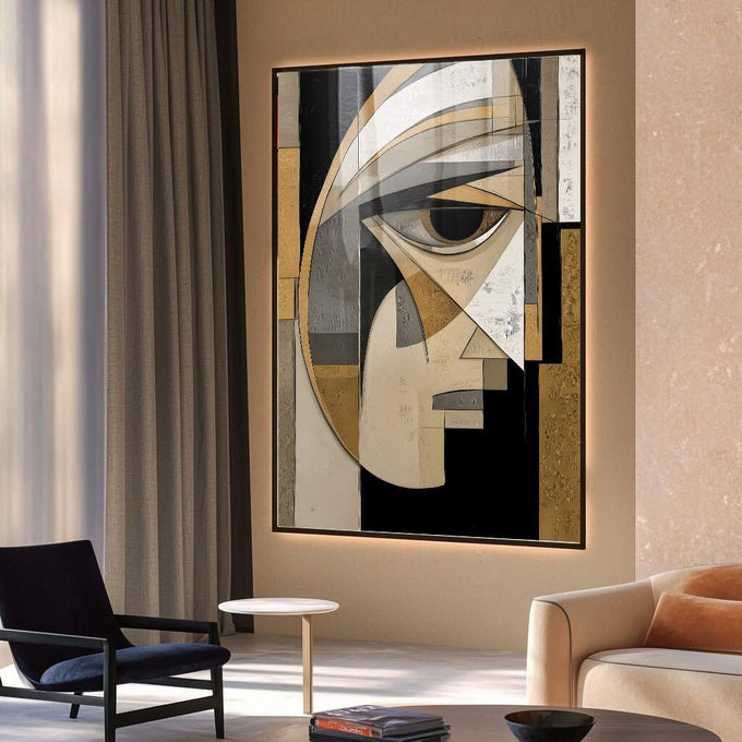 Quadro Decorativo Minimalista Olhar Enigmático | quadros decorativos para sala | Rosto abstrato geométrico em preto, branco e dourado com olho em destaque. | Porao dos Quadros