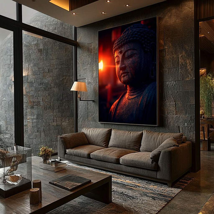 Quadro Decorativo Buda Sereno Refletindo | quadros decorativos para sala | Buda iluminado em tons vermelhos e dourados com luz contemplativa e presença sagrada | Porao dos Quadros