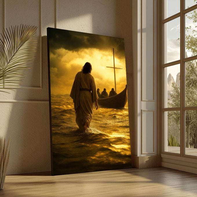 Quadro Decorativo Caminho de Paz e Serenidade | quadros decorativos para sala | Figura religiosa em tons terrosos caminhando em águas douradas com cruz brilhante ao fundo | Porao dos Quadros