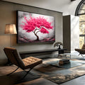 Árvore cerejeira com copa rosa florida e tronco retorcido sobre fundo cinza texturizado, quadro decorativo