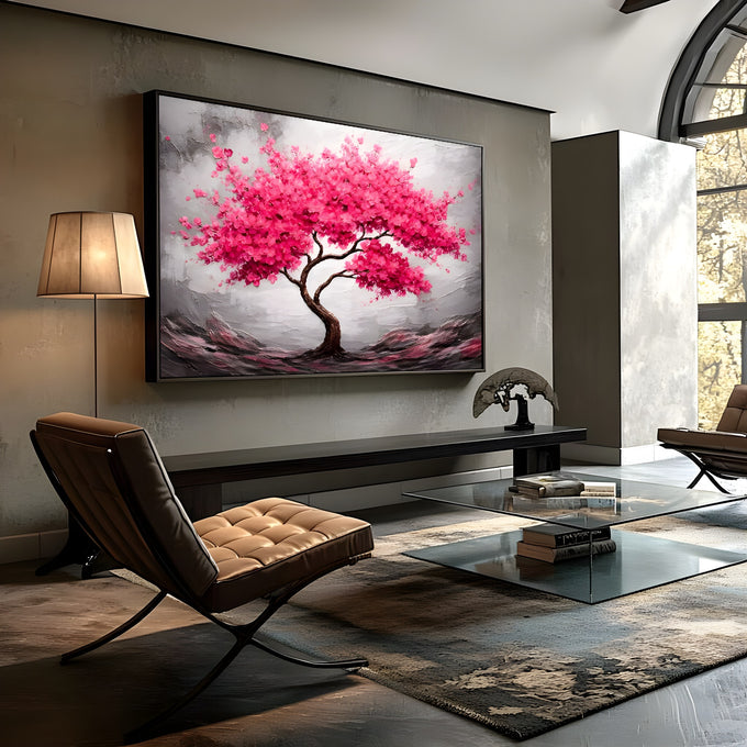 Árvore cerejeira com copa rosa florida e tronco retorcido sobre fundo cinza texturizado, quadro decorativo