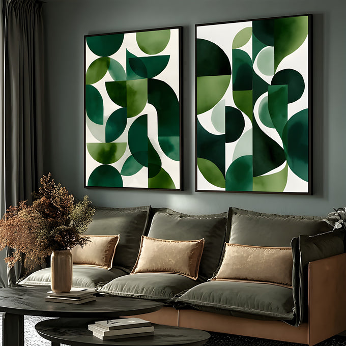 Duas telas com formas geométricas e semicírculos verdes em aquarela sobre fundo branco, quadro decorativo