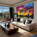 Quadro Decorativo Pôr do Sol Encantado | quadros decorativos para sala | Pôr do sol com árvores silhuetadas em rosa, magenta, amarelo e azul vibrantes | Porao dos Quadros