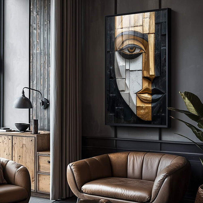 Quadro Decorativo Abstrato da Alma Feminina | quadros decorativos para sala | Rosto geométrico fragmentado em dourado, branco e preto em composição minimalista e sofisticada | Porao dos Quadros