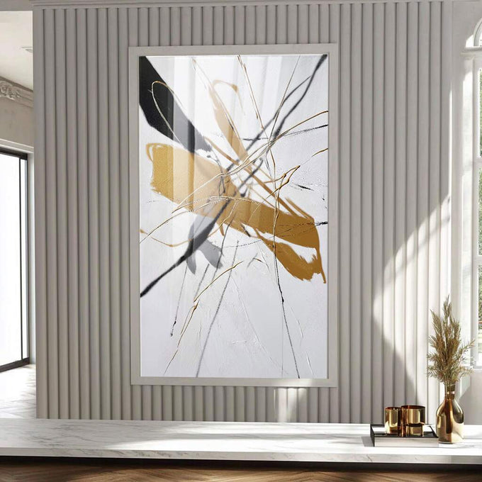 Quadro Decorativo Elegância Abstrata | quadros decorativos para sala | Folhas em tons dourados com linhas abstratas e gestuais em composição dinâmica sobre fundo branco | Porao dos Quadros