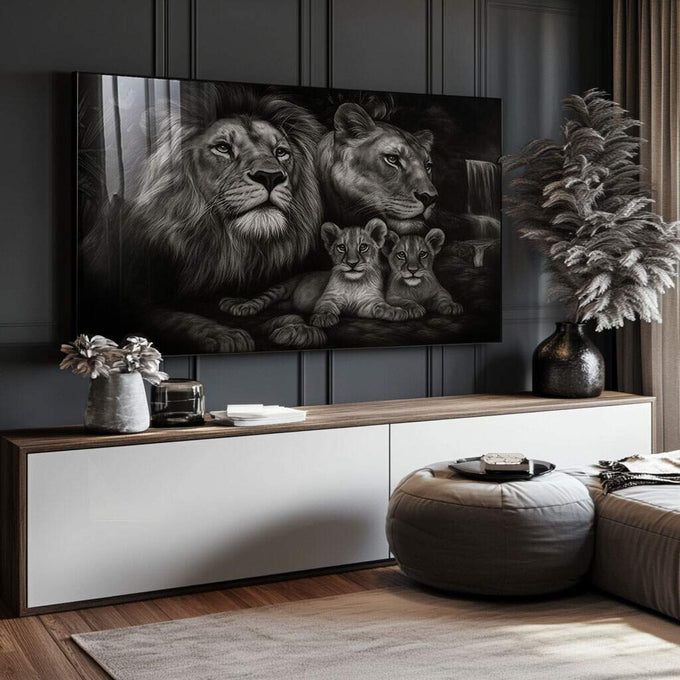 Quadro Decorativo Majestade da Família de Leões | quadros decorativos para sala | Família de leões em preto e branco com detalhes realistas e composição imponente | Porao dos Quadros
