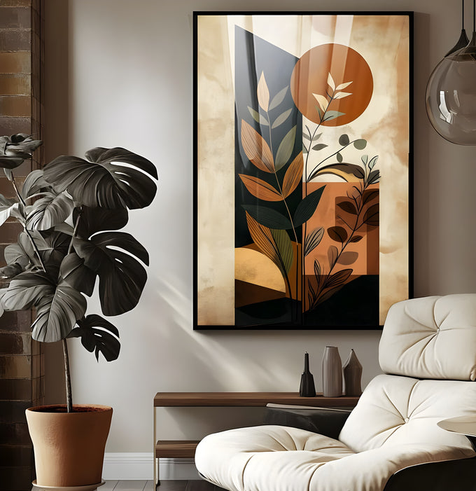 Folhagens estilizadas diante de sol laranja e blocos preto e bege em estilo boho, quadro decorativo