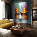 Rua chuvosa com guarda-chuvas coloridos e arranha-céus em pinceladas impressionistas, quadro decorativo