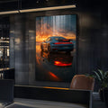 Quadro Decorativo Porsche ao Pôr do Sol | quadros decorativos para sala | Porsche azul ao pôr do sol em praia com reflexo dourado na areia molhada | Porao dos Quadros