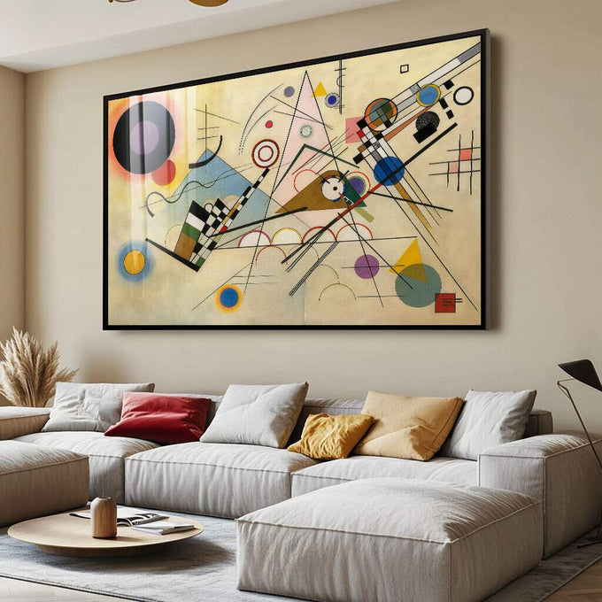 Quadro Decorativo Minimalista Enérgico | quadros decorativos para sala | Composição abstrata geométrica com círculos, linhas e formas em azul, vermelho, amarelo e preto sobre fundo bege. | Porao dos Quadros