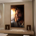 Rosto de Jesus Cristo em retrato realista com luz dourada ao fundo e tons marrons, quadro decorativo
