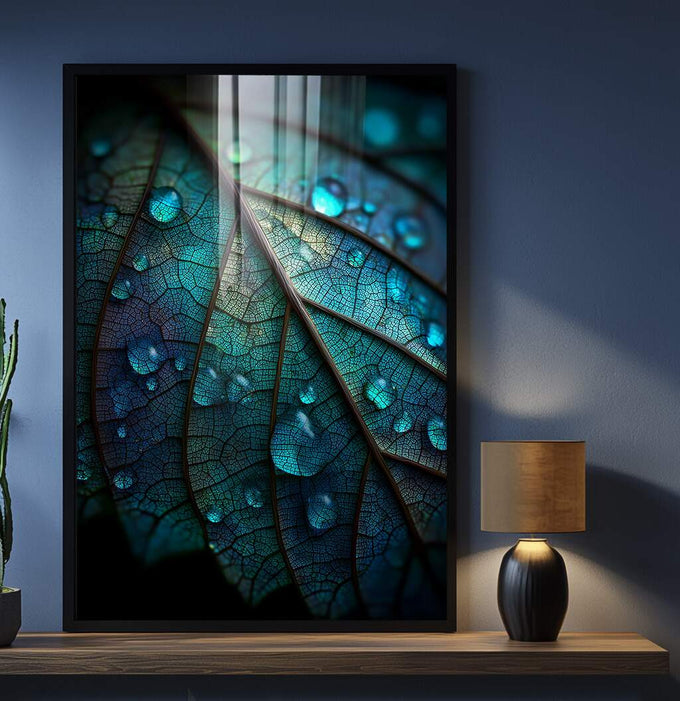 Quadro Decorativo Folhas Azuis e Verdes | quadros decorativos para sala | Folha turquesa translúcida com gotas de orvalho brilhante e iluminação focal | Porao dos Quadros