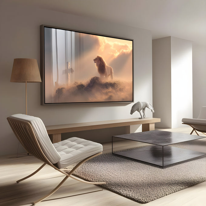 Leão de Judá sobre colina olhando uma cruz de madeira sob luz dourada entre nuvens, quadro decorativo