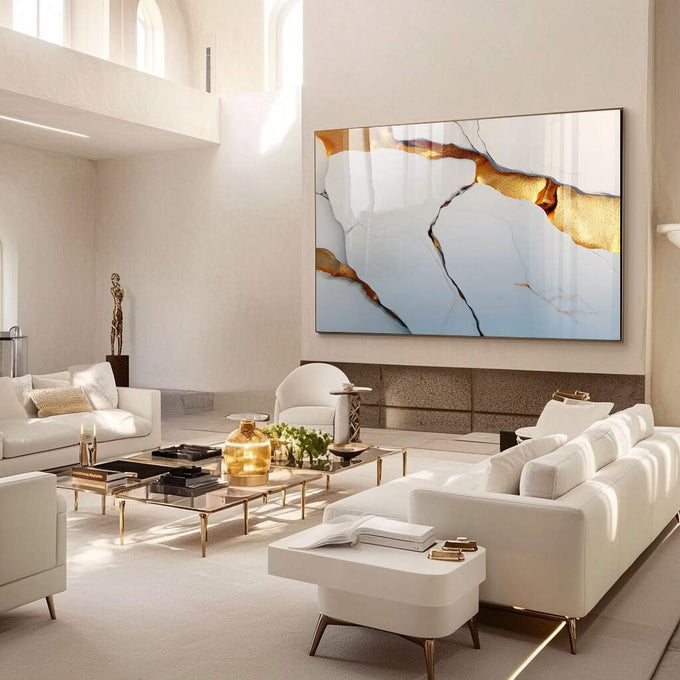 Quadro Decorativo Elegância Abstrata em Dourado | quadros decorativos para sala | Abstrato com veios dourados em fundos azuis e brancos, texturas minerais e composição sofisticada | Porao dos Quadros