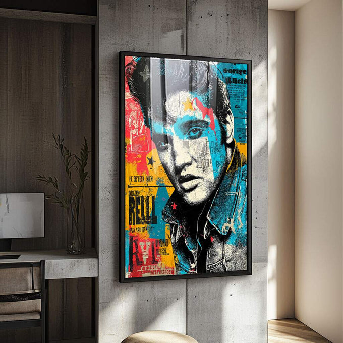 Quadro Decorativo - Energia Musical em Cores | quadros decorativos para sala | Rosto em tons de cinza com cores vibrantes azul, vermelho e amarelo em composição pop art | Porao dos Quadros
