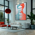 Quadro Decorativo - Frida Kahlo Abstrato em Azul e Vermelho | quadros decorativos para sala | Retrato pop art em vermelho e azul com figura refinada e jóias em composição vibrante. | Porao dos Quadros