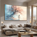 Quadro Decorativo Caminho da Serenidade | quadros decorativos para sala | Mulher em branco caminhando em direção a árvore sakura rosa e bege com floresta azul ao fundo | Porao dos Quadros