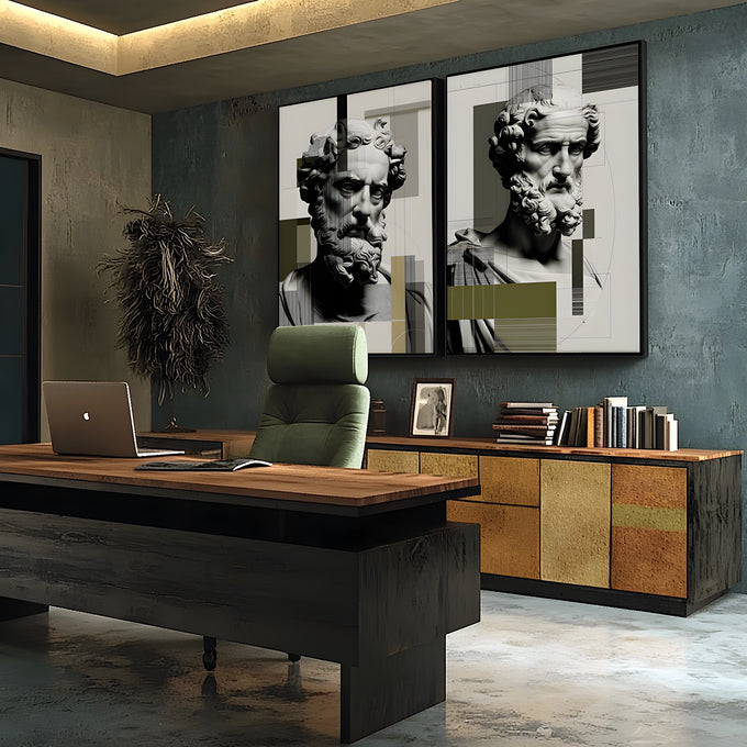Dois bustos gregos de mármore em preto e branco com blocos geométricos verde oliva, quadro decorativo
