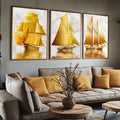 Quadro Decorativo Navegação Dourada - Inspiração Única | quadros decorativos para sala | Três veleiros com velas douradas navegando em água com reflexos luminosos e tons quentes. | Porao dos Quadros
