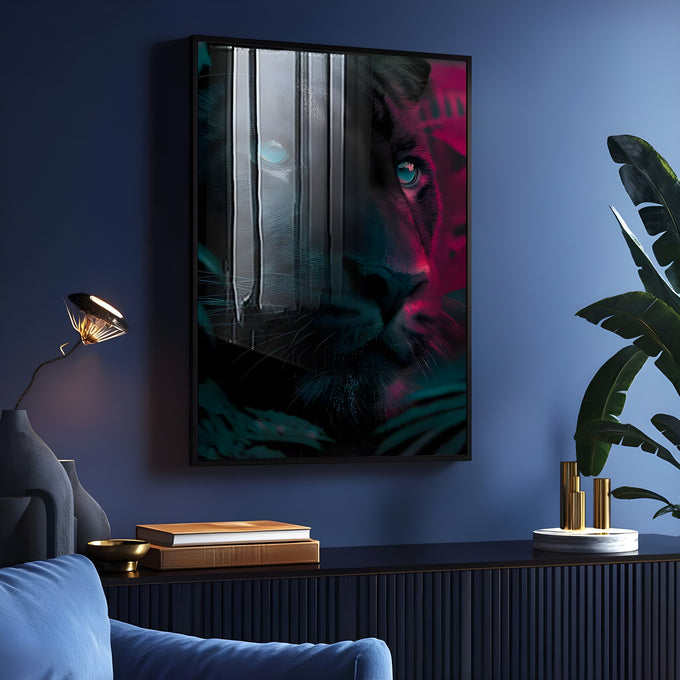 Rosto de pantera negra com olhos azuis e luz neon magenta em fundo escuro, quadro decorativo
