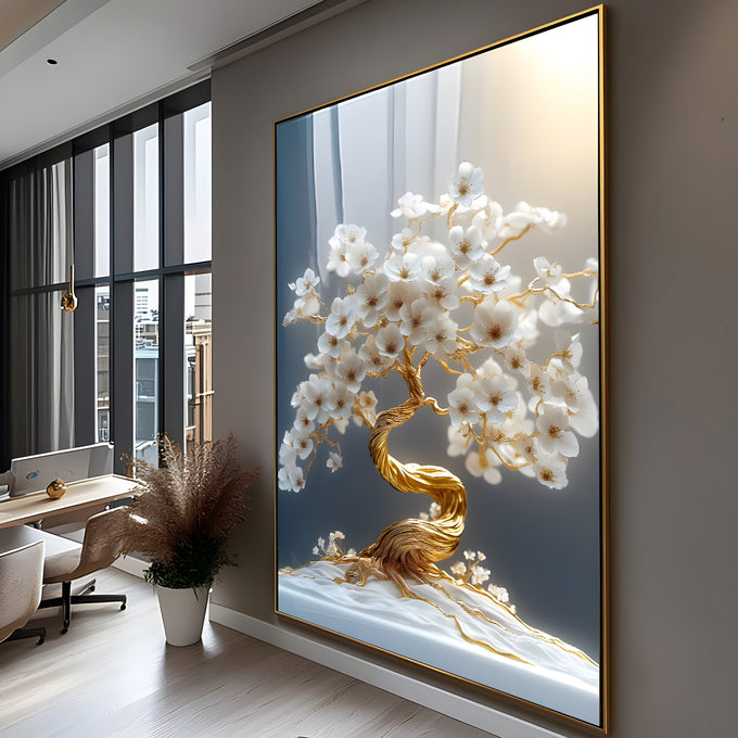 Árvore de tronco dourado retorcido com flores brancas sobre fundo azul acinzentado, quadro decorativo