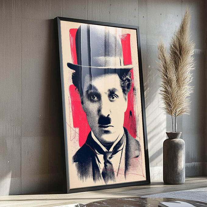 Quadro Decorativo Charlie Chaplin Moderno | quadros decorativos para sala | Retrato com chapéu em preto e vermelho vibrante em estilo pop art urbano | Porao dos Quadros
