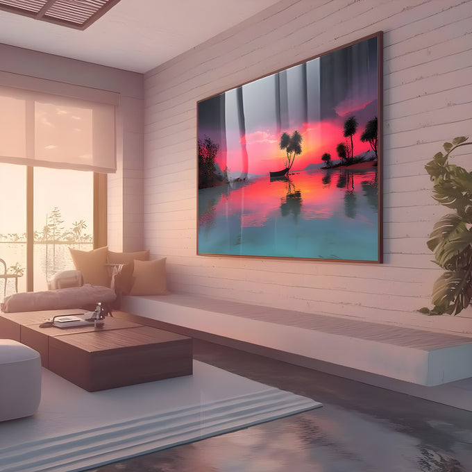 Pôr do sol rosa com palmeiras, barco e reflexo em lago calmo, quadro decorativo
