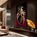 Quadro Decorativo Elegante Coração da Paixão | quadros decorativos para sala | Coração anatômico em dourado com detalhes precisos sobre fundo vinho profundo | Porao dos Quadros
