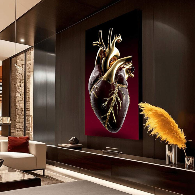Quadro Decorativo Elegante Coração da Paixão | quadros decorativos para sala | Coração anatômico em dourado com detalhes precisos sobre fundo vinho profundo | Porao dos Quadros