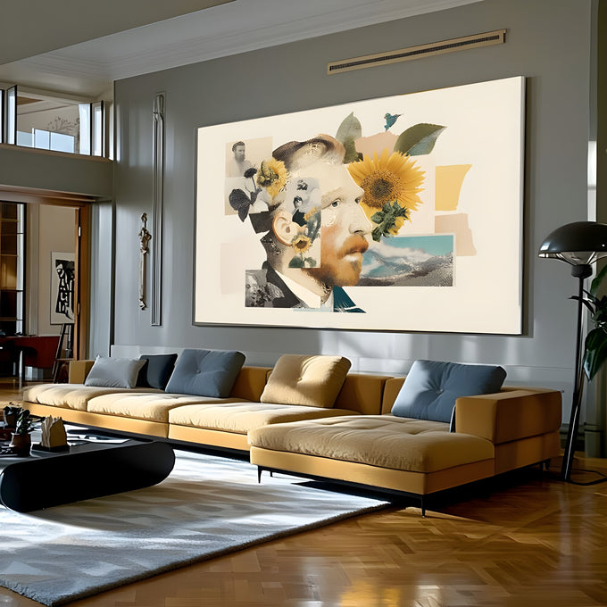 Retrato de Van Gogh de perfil em colagem com girassóis, folhas e paisagem sobre fundo bege, quadro decorativo