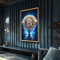 Quadro Decorativo Bitcoin Brilhante | quadros decorativos para sala | Bitcoin em chamas azuis e dourado com aura luminosa em composição dinâmica | Porao dos Quadros
