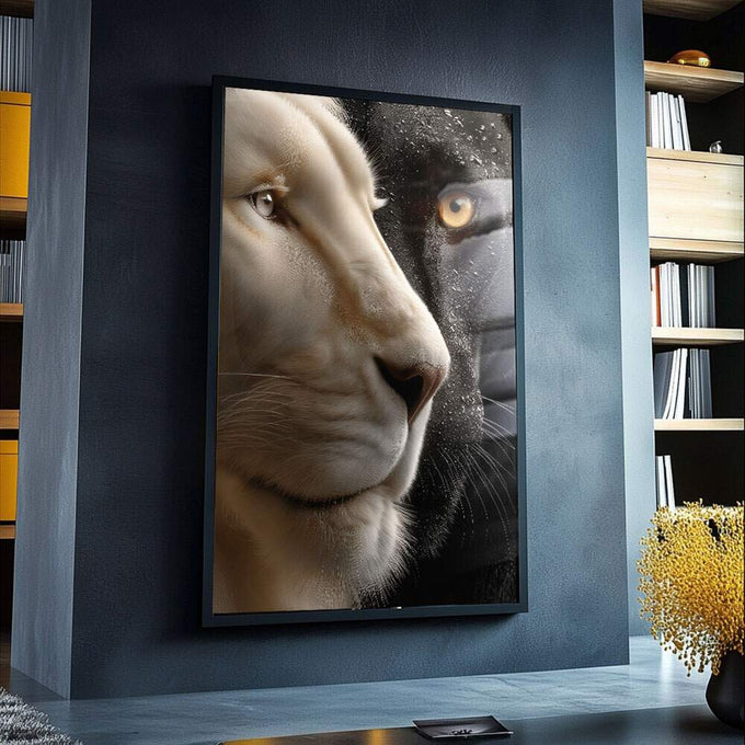 Harmonia Selvagem: Quadro do Leão e Pantera | quadros decorativos para sala | Leões preto e branco em close de perfil com olhos âmbar intensos e detalhes fotográficos reais | Porao dos Quadros