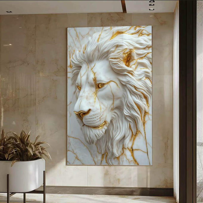 Quadro Decorativo Leão Majestoso Sofisticado | quadros decorativos para sala | Leão majestoso em relevo branco e dourado com textura tridimensional em composição clássica. | Porao dos Quadros