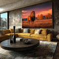 Quadro Decorativo Leão Majestoso | quadros decorativos para sala | Leão majestoso caminhando pela savana dourada ao entardecer com céu em chamas | Porao dos Quadros
