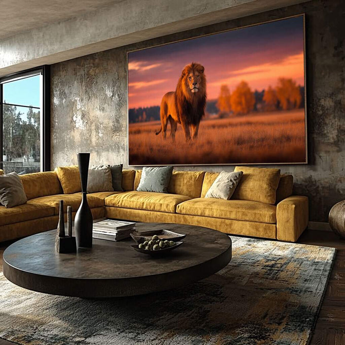 Quadro Decorativo Leão Majestoso | quadros decorativos para sala | Leão majestoso caminhando pela savana dourada ao entardecer com céu em chamas | Porao dos Quadros