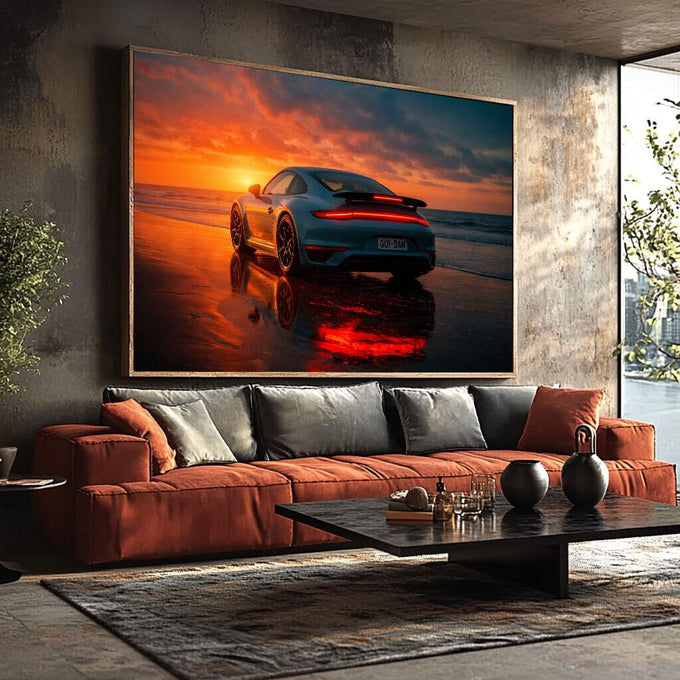 Quadro Decorativo Carro e Pôr do Sol | quadros decorativos para sala | Porsche vermelho ao pôr do sol na praia com reflexos em água molhada | Porao dos Quadros