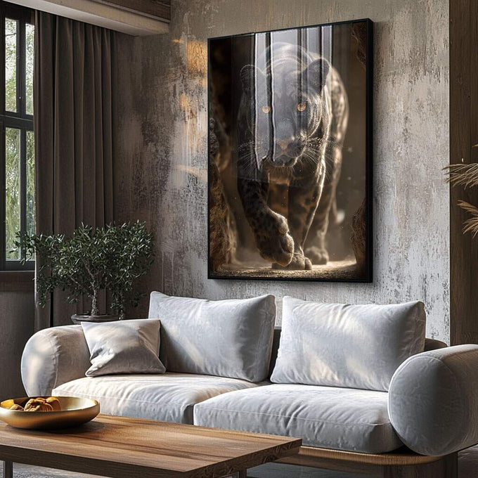 Quadro Decorativo Onça Negra Majestosa | quadros decorativos para sala | Rinoceronte em tons sépia com iluminação dramática em composição fotográfica realista. | Porao dos Quadros