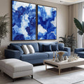 Quadro Decorativo Onda da Serenidade - Aquarela em Tons de Azul | quadros decorativos para sala | Padrão abstrato em azul profundo e branco com linhas concêntricas fluidas e movimento contínuo | Porao dos Quadros