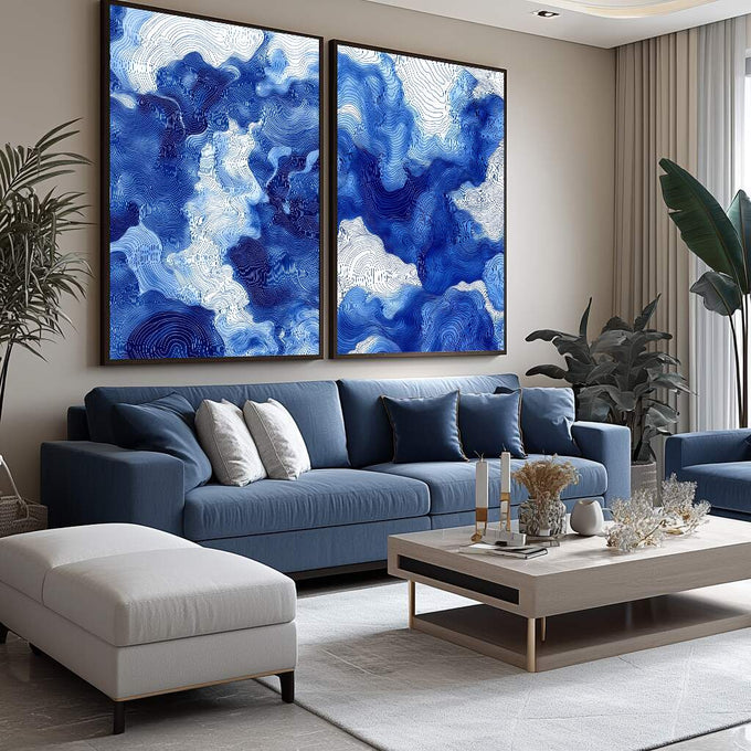 Quadro Decorativo Onda da Serenidade - Aquarela em Tons de Azul | quadros decorativos para sala | Padrão abstrato em azul profundo e branco com linhas concêntricas fluidas e movimento contínuo | Porao dos Quadros
